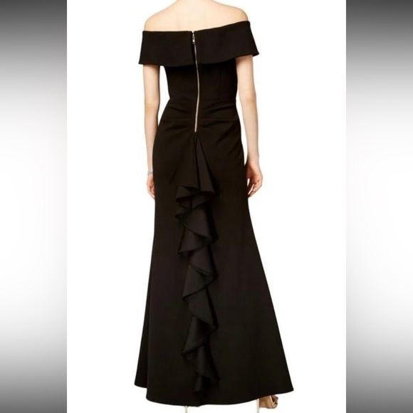 Betsy & Adam black off the shoulder back cascade and exposed zip Sz 8 gown new - Picture 3 of 13